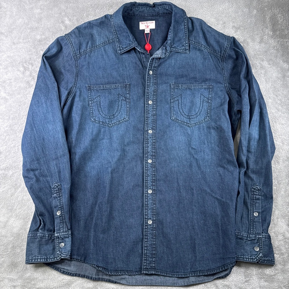 True Religion Denim Shirt Mens 2XL Blue Long Sleeve Horseshoe Pocket Button Up